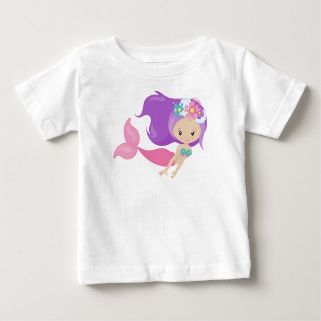 Cute Mermaid, Little Mermaid, Flowers, Purple Hair Baby T-Shirt (Front)
