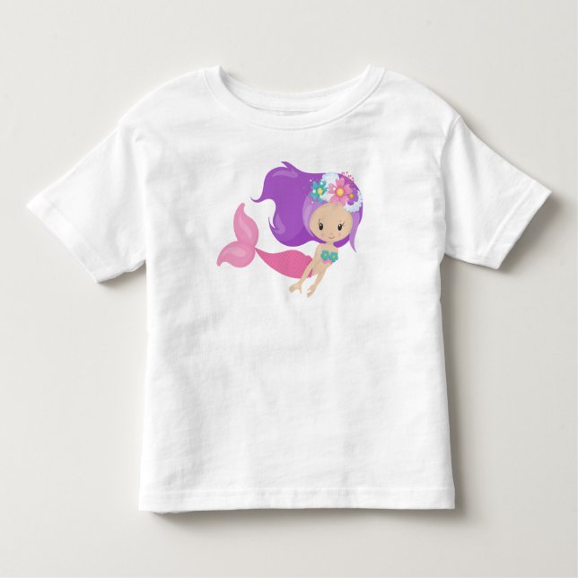 Cute Mermaid, Little Mermaid, Flowers, Purple Hair Toddler T-Shirt (Front)