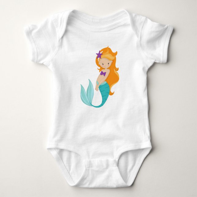 Cute Mermaid, Little Mermaid, Orange Hair, Star Baby Bodysuit (Front)