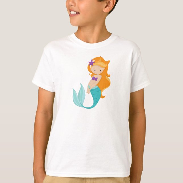 Cute Mermaid, Little Mermaid, Orange Hair, Star T-Shirt (Front)