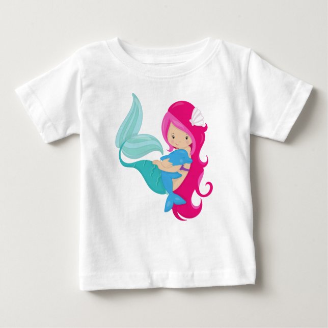 Cute Mermaid, Little Mermaid, Pink Hair, Dolphin Baby T-Shirt (Front)