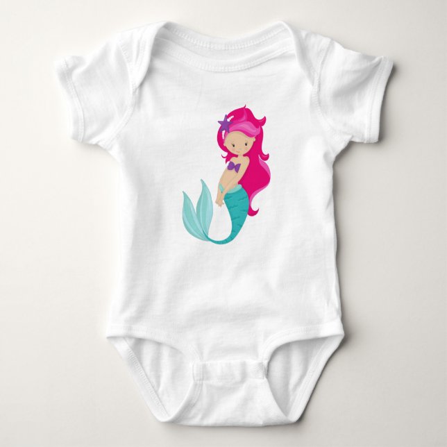 Cute Mermaid, Little Mermaid, Pink Hair, Star Baby Bodysuit (Front)