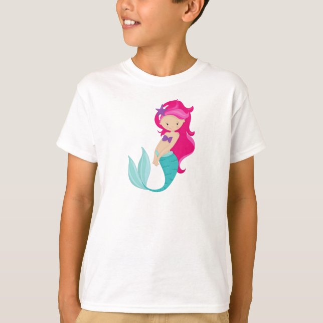 Cute Mermaid, Little Mermaid, Pink Hair, Star T-Shirt (Front)
