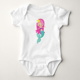 Cute Mermaid, Little Mermaid, Pink Hair, Starfish Baby Bodysuit
