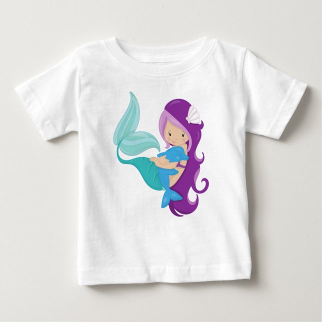 Cute Mermaid, Little Mermaid, Purple Hair, Dolphin Baby T-Shirt (Front)