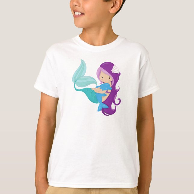 Cute Mermaid, Little Mermaid, Purple Hair, Dolphin T-Shirt (Front)