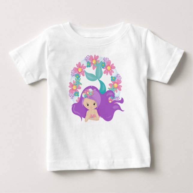 Cute Mermaid, Little Mermaid, Purple Hair, Flowers Baby T-Shirt (Front)