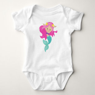 Cute Mermaid, Little Mermaid, Starfish, Pink Hair Baby Bodysuit