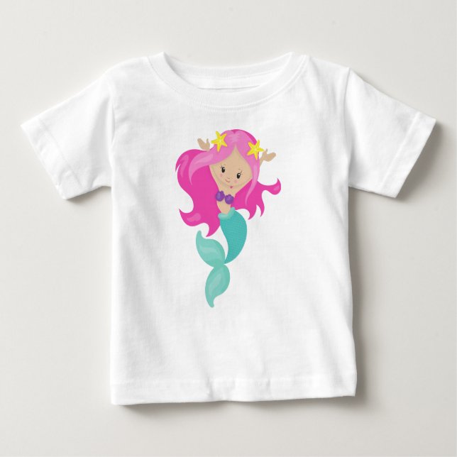 Cute Mermaid, Little Mermaid, Starfish, Pink Hair Baby T-Shirt (Front)