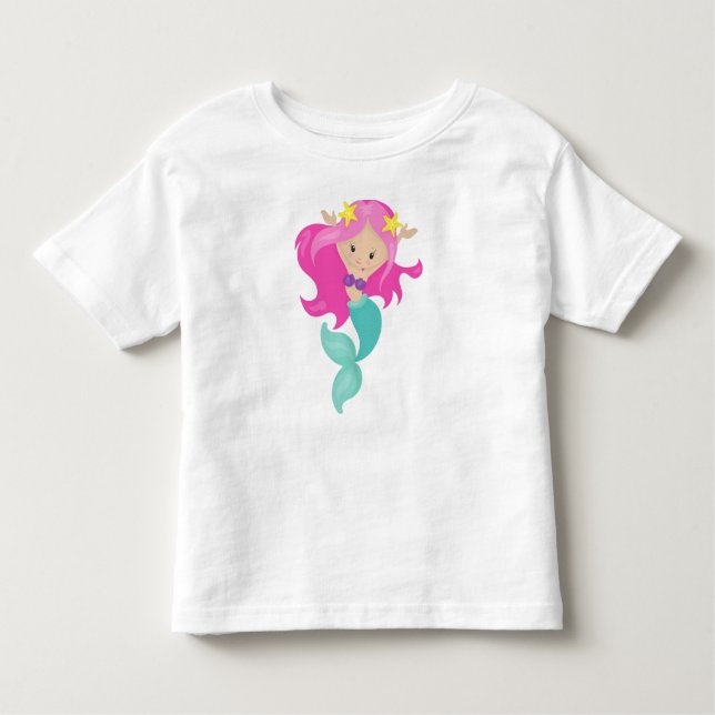 Cute Mermaid, Little Mermaid, Starfish, Pink Hair Toddler T-Shirt (Front)
