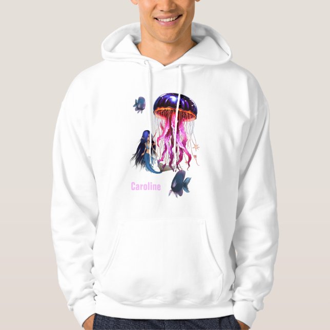 Cute mermaid looks at the beautiful jellyfish hoodie (Front)