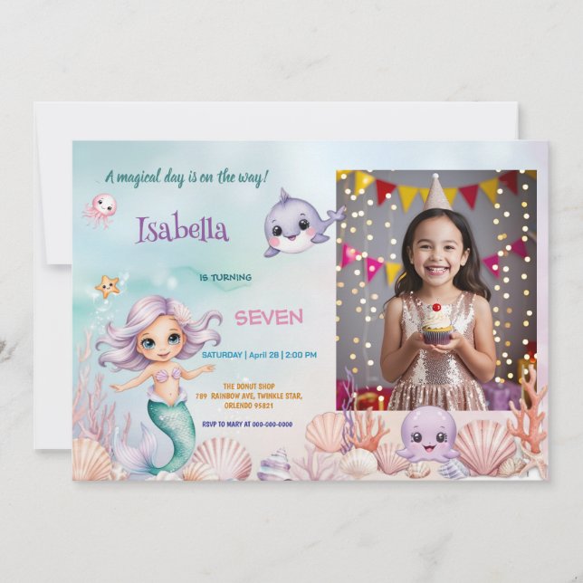cute mermaid magical Photo birthday invitation (Front)