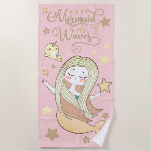 Cute Mermaid 'n Narwhal Star Personalizable Beach Towel
