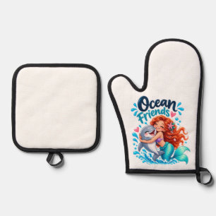 Cute Mermaid Ocean Friends Dolphin Design Oven Mitt & Pot Holder Set