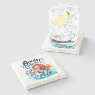 Cute Mermaid Ocean Friends Dolphin Design Stone Coaster
