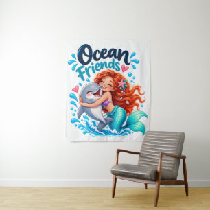 Cute Mermaid Ocean Friends Dolphin Design Tapestry