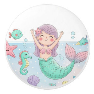 Cute Mermaid & Ocean Sea Life Nautical Ceramic Knob