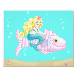 Cute mermaid on a pink fish photo print