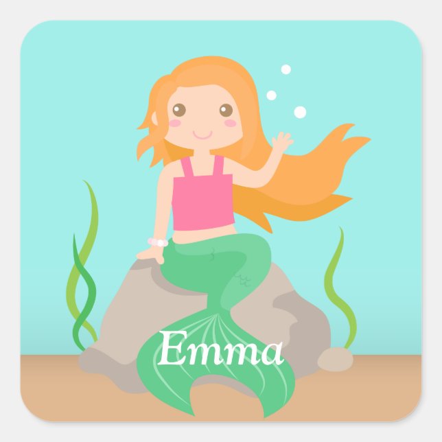 Cute Mermaid on Rock Girls Personalised Sticker (Front)