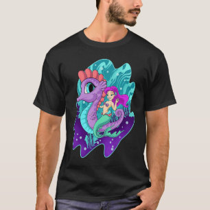 Cute Mermaid On Sea Horse Sirens Aquatic Creature T-Shirt