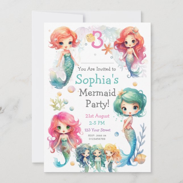 Cute Mermaid Party Invitation, Editable Text Invitation (Front)
