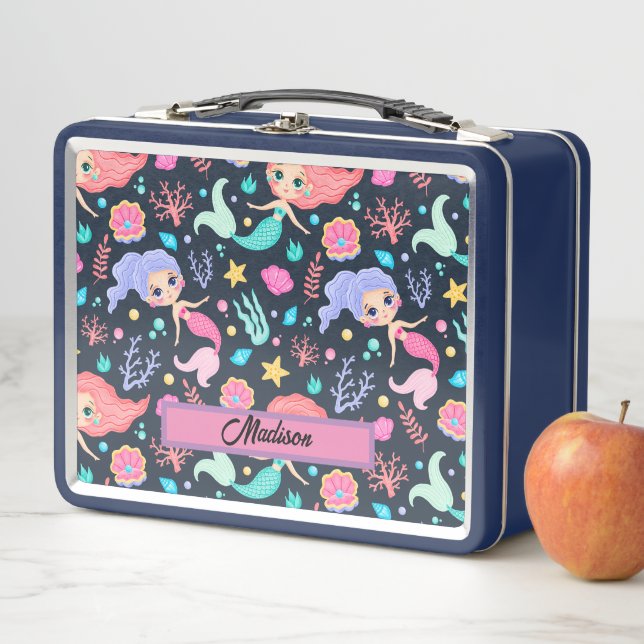 Cute Mermaid Pattern Customisable Name  Metal Lunch Box (In Situ)