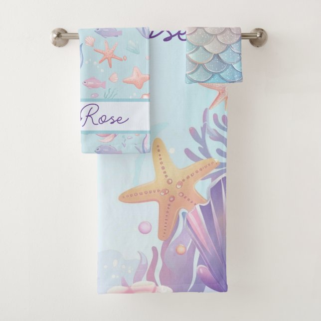 Cute Mermaid Pattern Personalized Girly  Bath Towel Set (Insitu)