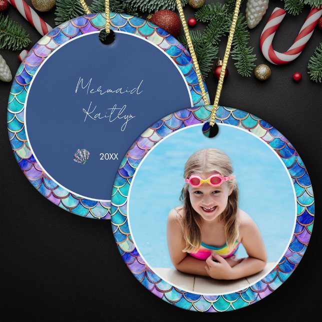 Cute Mermaid Pattern Photo & Name Girls Christmas Ceramic Ornament (Creator Uploaded)