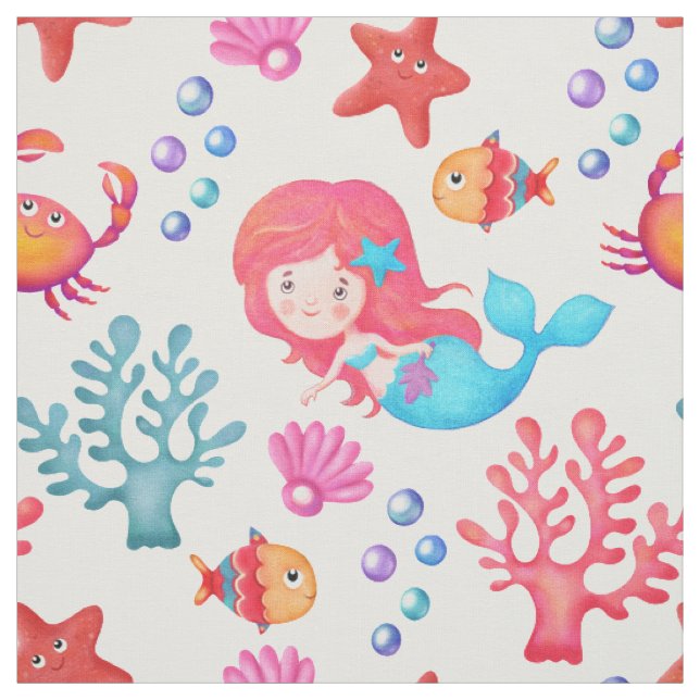 Cute Mermaid Pattern Underwater Theme Nursery Fabric (Swatch)