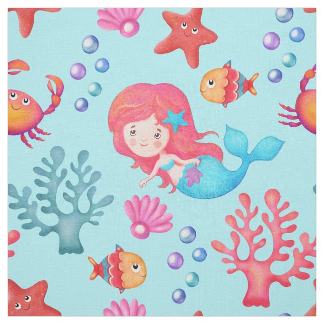 Cute Mermaid Pattern Underwater Theme Nursery Fabric (Swatch)