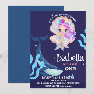 Cute Mermaid pearl Rainbow whale Birthday party Invitation