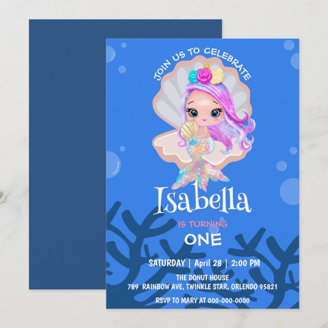 Cute Mermaid pearl Rainbow whale Birthday party  Invitation (Front/Back)