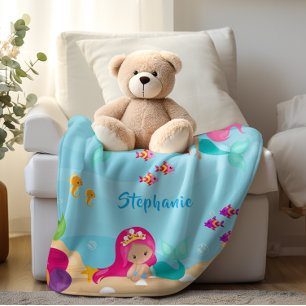 Cute Mermaid Personalised Girly Under the Sea Fleece Blanket