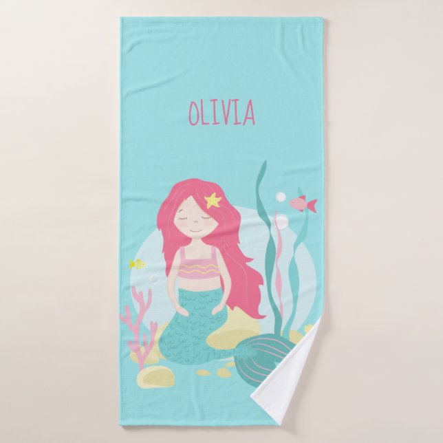    Cute Mermaid Pink and Mint  Bath Towel (Bath Towel)