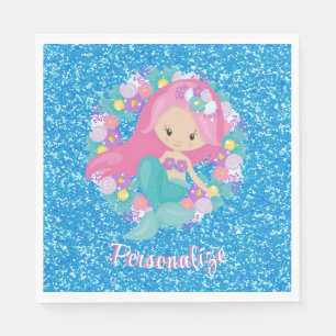 Cute Mermaid Pink Blue Glitter Personalise Napkin