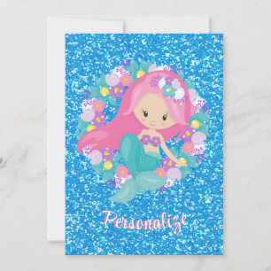 Cute Mermaid Pink Blue Glitter Personalised Invitation
