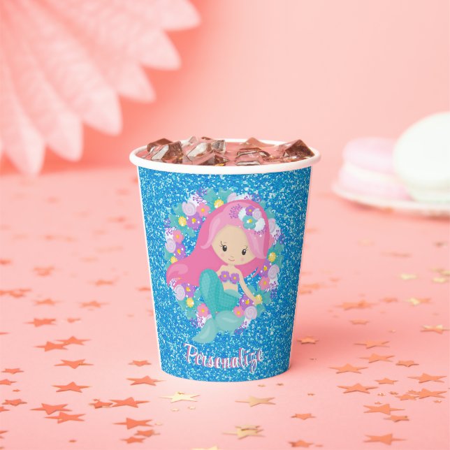 Cute Mermaid Pink Blue Glitter Personalised Paper Cups (Insitu)