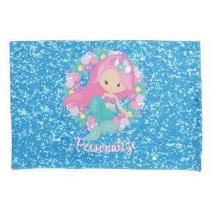 Cute Mermaid Pink Blue Glitter Personalised Pillowcase