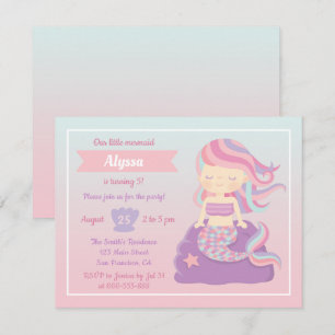 Cute Mermaid Pink Blue Ombre Girls Birthday Party Invitation