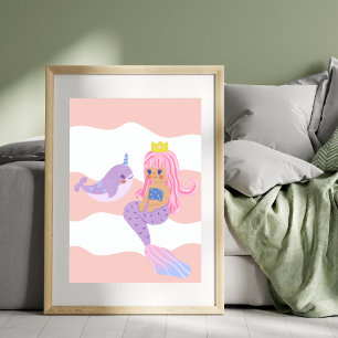 Cute Mermaid Pink Nursery Kids Poster
