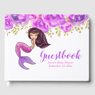 Cute Mermaid Pink Peonies Floral Baby Shower Guest Book