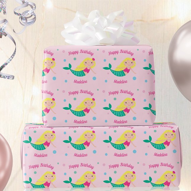 Cute Mermaid Pink Personalised Birthday Wrapping P Paper (Creator Uploaded)