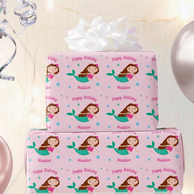 Cute Mermaid Pink Personalised Birthday Wrapping Paper (Creator Uploaded)