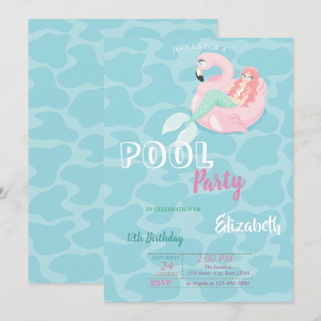Cute Mermaid Pool Birthday Party Invitation (Front/Back)