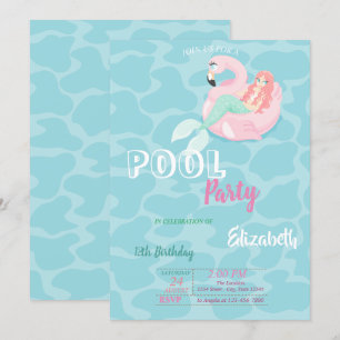 Cute Mermaid Pool Birthday Party Invitation