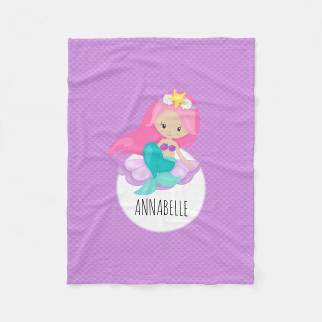 Cute Mermaid Princess Girl Sea Shell Purple Scales Fleece Blanket (Front)