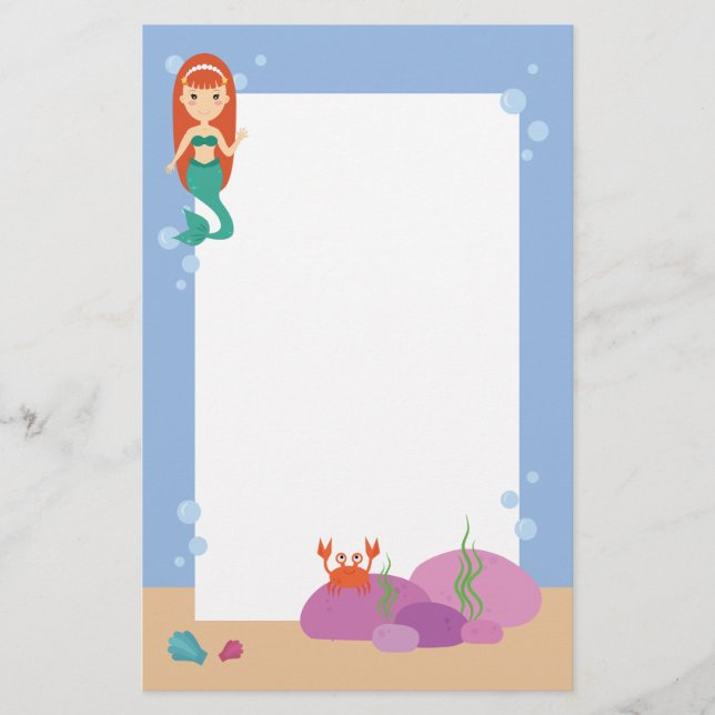 Cute mermaid princess girl swimming in ocean stationery (Front)