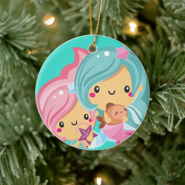 Cute Mermaid Princess Sisters Christmas Ceramic Ornament (Tree)
