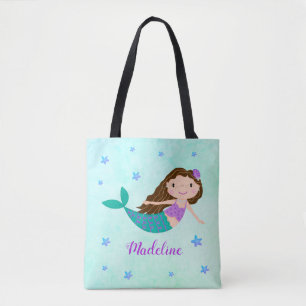 Cute Mermaid Purple Glitter Aqua Tote Bag