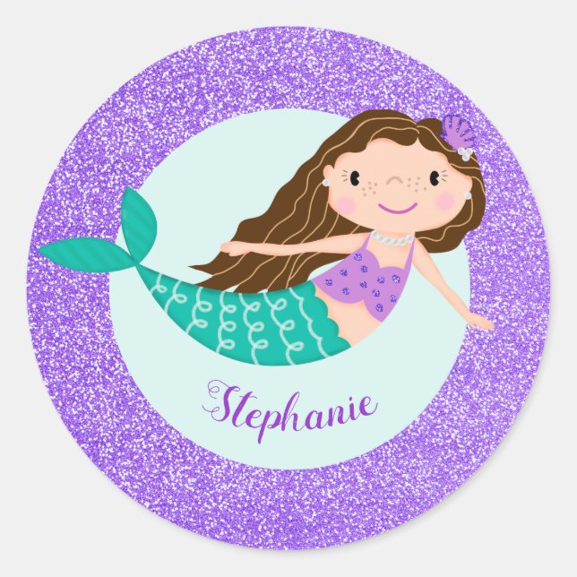 Cute Mermaid Purple Glitter Personalised Classic Round Sticker (Front)